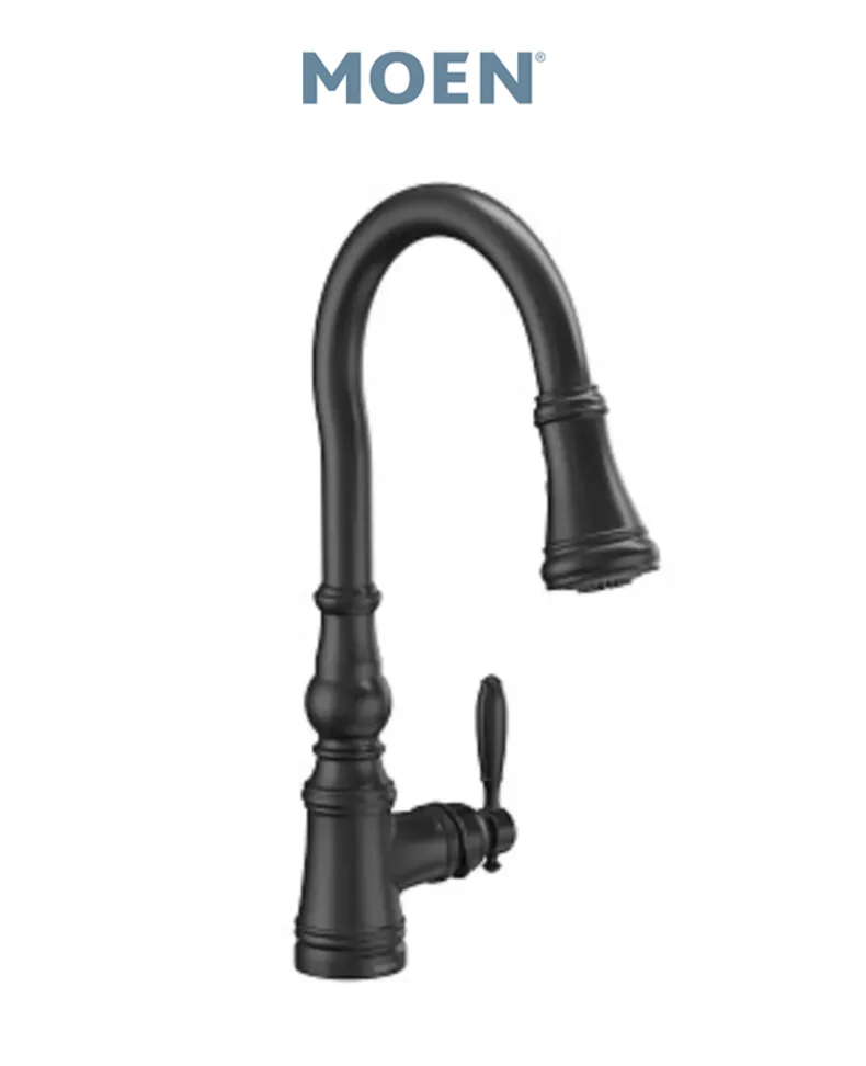 Black pull-down kitchen faucet with a Moen logo on a white background