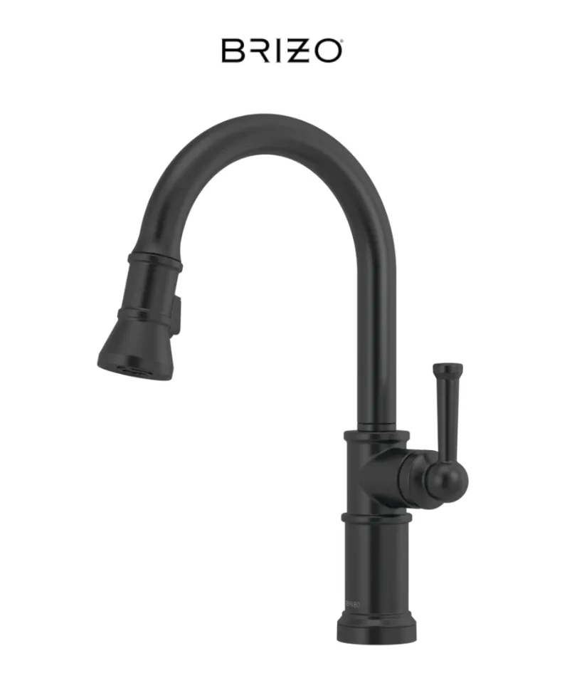 Black pull-down kitchen faucet with a Brizo logo on a white background