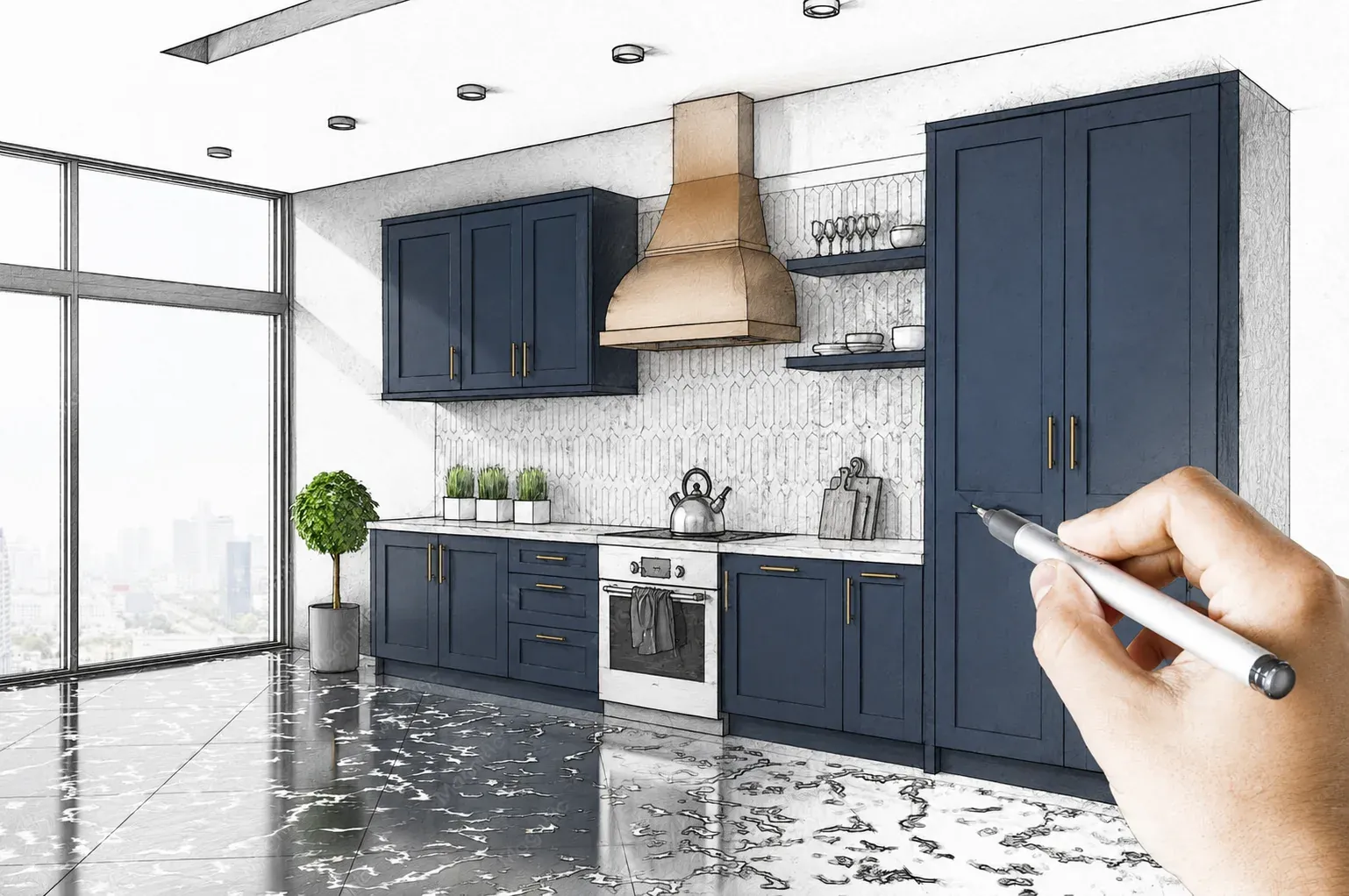 Hand-drawn sketch of a kitchen with navy cabinets, a copper range hood and tall windows