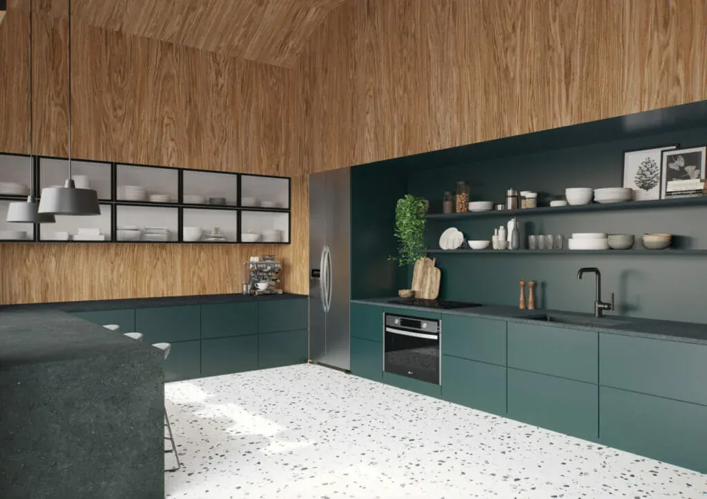 Modern kitchen with dark green cabinets, open shelves and a terrazzo floor