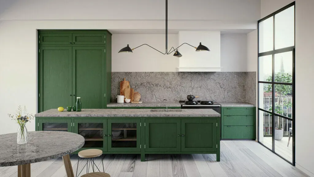 Modern kitchen with green cabinets, a green island and gray stone backsplash