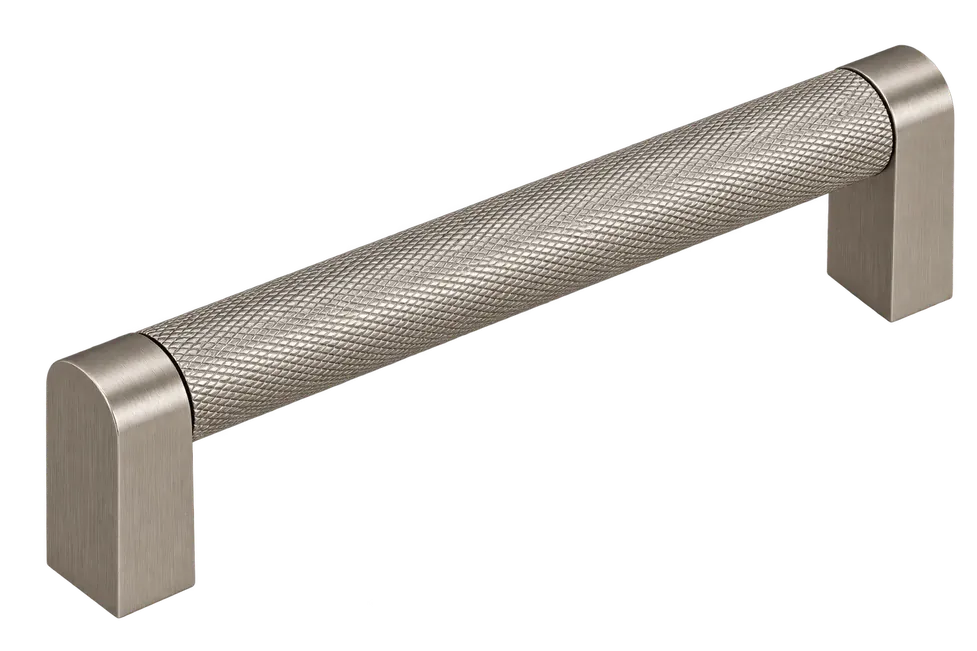 Brushed nickel bar pull with a knurled grip