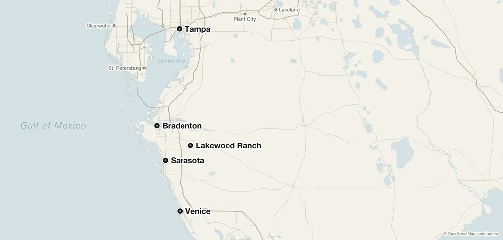 Map of the Tampa Bay and Southwest Florida coast with Tampa, Bradenton, Lakewood Ranch, Sarasota and Venice marked