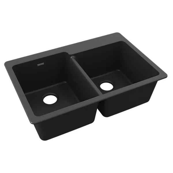 Black granite-composite double-bowl undermount sink on a white background