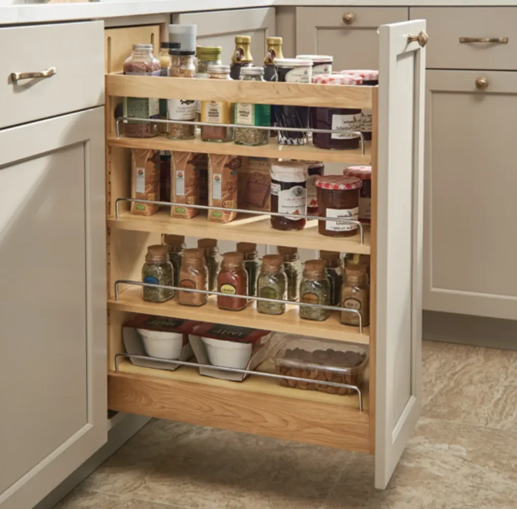 Pullout spice rack cabinet with jars on wood shelves