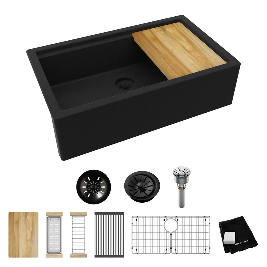 Elkay Quartz Luxe® 35-7/8" x 21-9/16" x 9" Single Bowl 10" Apron Farmhouse Workstation Sink with Perfect Drain®